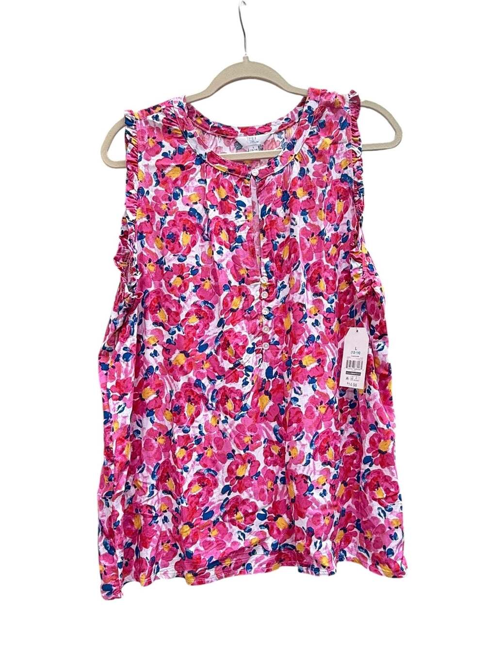 Time and Tru Women's Floral Ruffle Trim Sleeveless Button-Down Tank Top